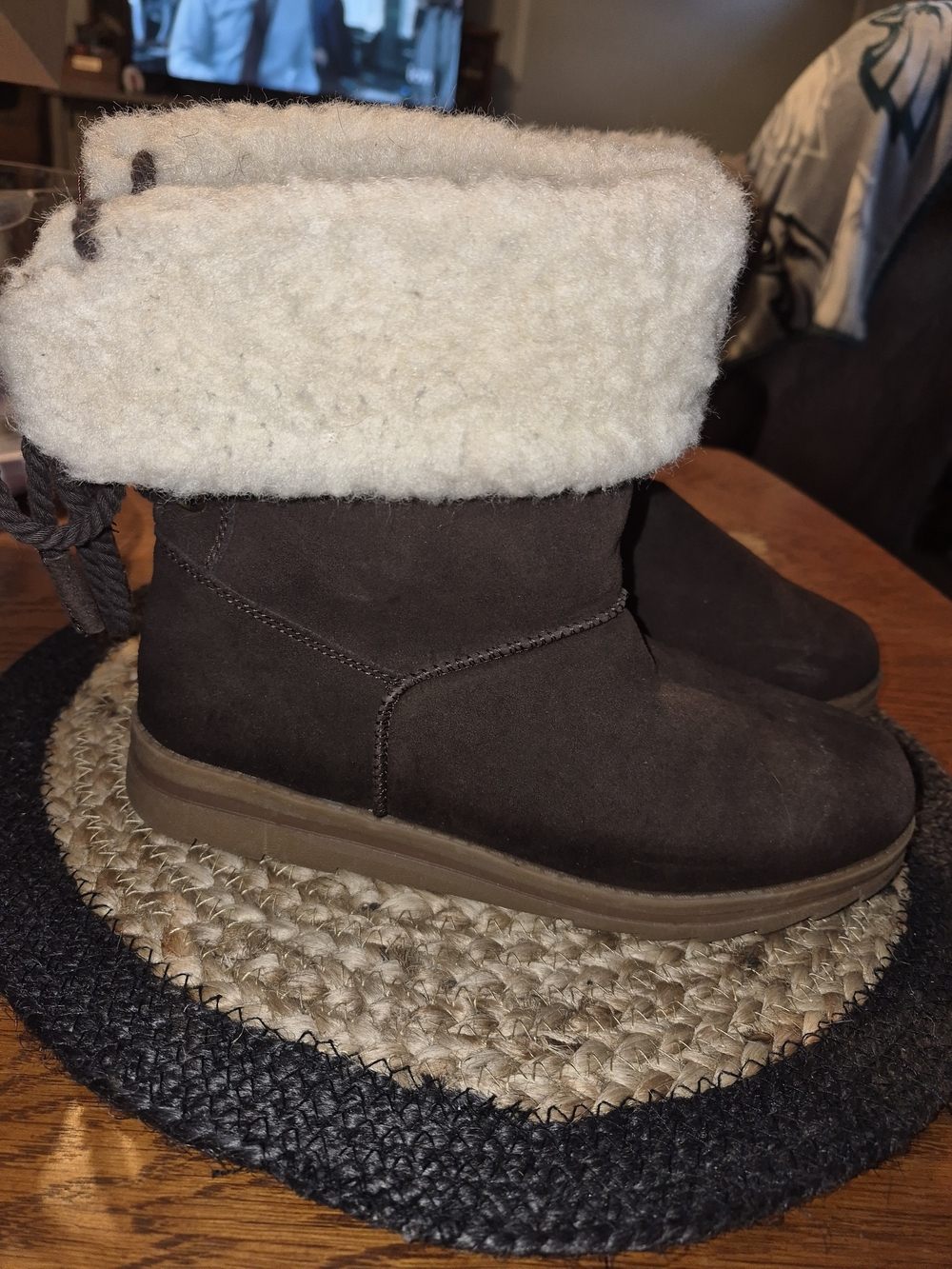 Muk Luks Women's Brown Suede-Look Cozy Boot with Cream Shearling Cuff